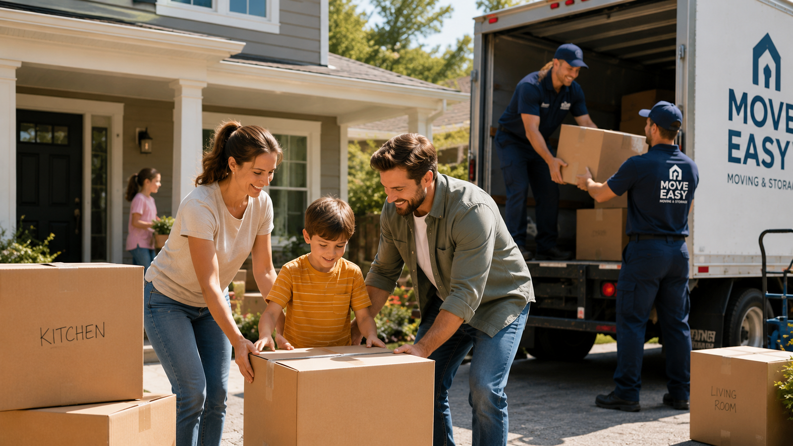 Movers helping a family pack and move from a house